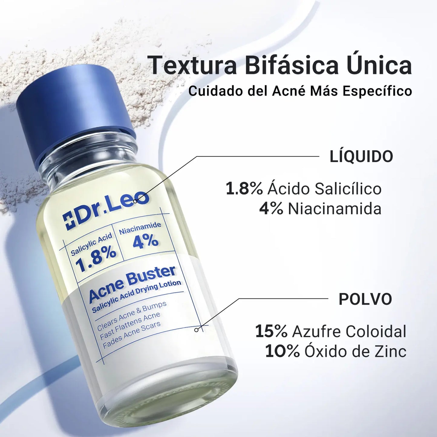 Dr. Leo Loción Secante de Acné 4 en 1 | Ayuda a Mejorar la Apariencia de Imperfecciones | Contribuye a Secar Granos Rápidamente, Controlar Brillo, Afinar Poros y Suavizar Marcas | Ideal para Piel Sensible – 10ml